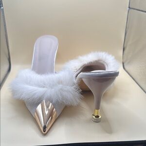 SHEIN White Fur Heels with Gold Accents